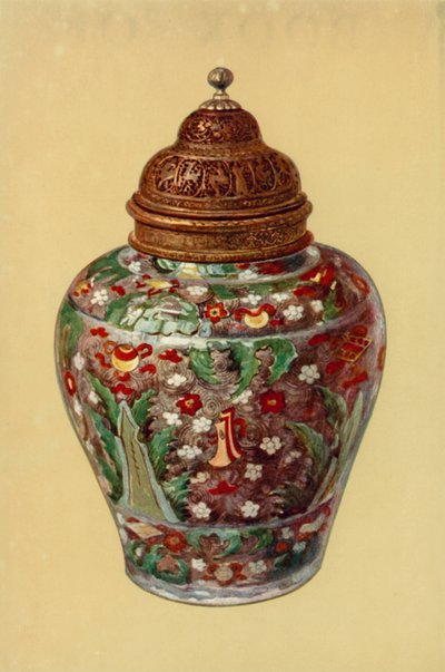 中国明時代・ペルシャ風真鍮蓋付壺（カラーリトグラフ 作： William Gibb