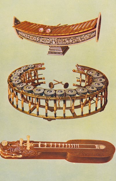 楽器ラナートエック、コンヤイ、ターケー（カラーリトグラフ） 作： William Gibb