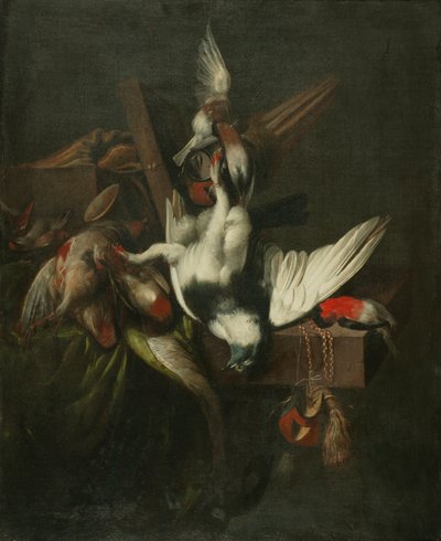 死んだ鳩、フィンチ、ファルコンズ・フードのある静物（油彩・キャンバス） 作： William Gowe Ferguson