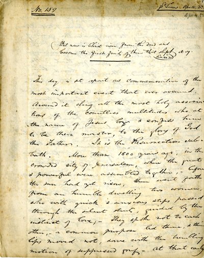 ウィリアム・グリーンリーフ・エリオットによる説教159番の原稿（1838年4月15日 作： William Greenleaf Eliot