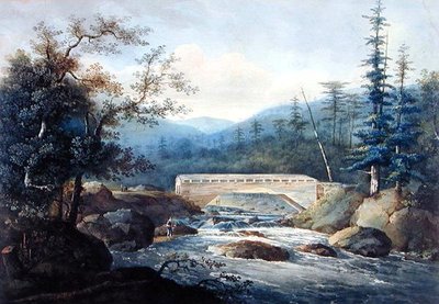 ニューヨーク州ハドリー、サカンダガ川に架かるカバード・ブリッジ、1820年頃（紙に黒鉛と水彩画 作： William Guy Wall