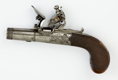 ボックスロック付きフリントロックポケットピストル、1820年頃（スチール、シルバー、ウォールナットウッド） 作： William Hale