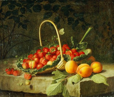 1856年の石垣に桃とイチゴのバスケット 作： William Hammer