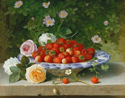 1871年の棚にバラと甘いブライヤーを付けた青と白のBuckeltellerのイチゴ 作： William Hammer
