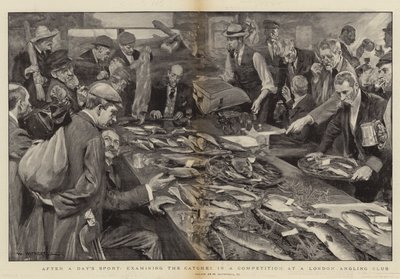 一日のスポーツの後、ロンドンの釣りクラブでの競技会でのキャッチを調べる 作： William Hatherell