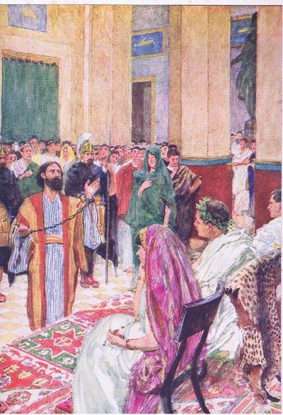 1930年頃、Hodder & Stoughton社発行の「The Bible Story」より、アグリッパの前に立つパウロ（カラーリトグラフ版 作： William Hatherell