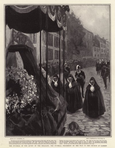 ベルギーの女王の葬儀、ラーケンの教会に行く途中の葬列 作： William Hatherell