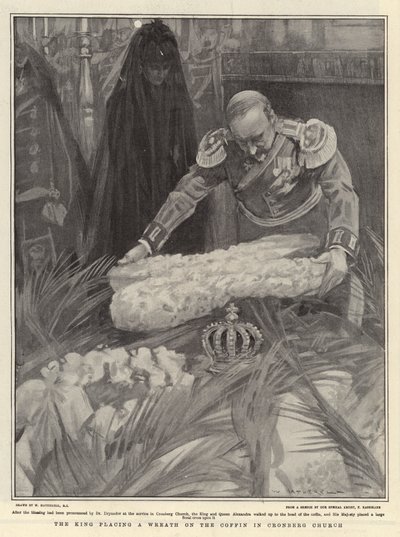 クロンベルク教会の棺に花輪を置く王 作： William Hatherell