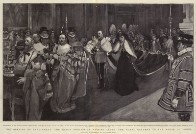 国会議事堂の開会、王室の行列を王室のギャラリーに沿って上院に渡す 作： William Hatherell
