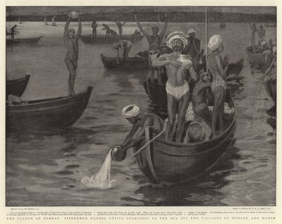 ボンベイのペスト、ワーリーとマヒムの村の沖の海に奉納品を提供する漁師 作： William Hatherell