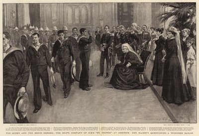 女王とベニンの英雄、オズボーンにあるHMSセントジョージの船の会社、女王陛下が負傷した船員に尋問 作： William Hatherell