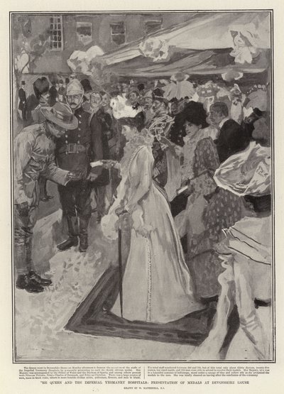 女王と帝国ヨーマンリ病院、デボンシャーハウスでのメダルの贈呈 作： William Hatherell