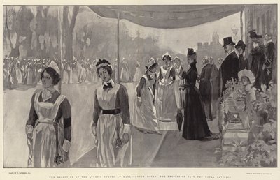 ロイヤルパビリオンを通過する行列、マールボロハウスでの女王の看護師のレセプション 作： William Hatherell