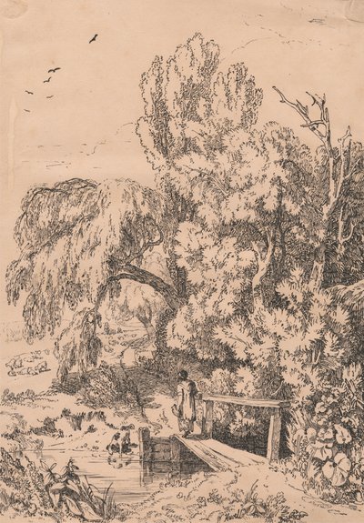 Paisagem com árvores, passarela de travessia de garotas 作： William Havell