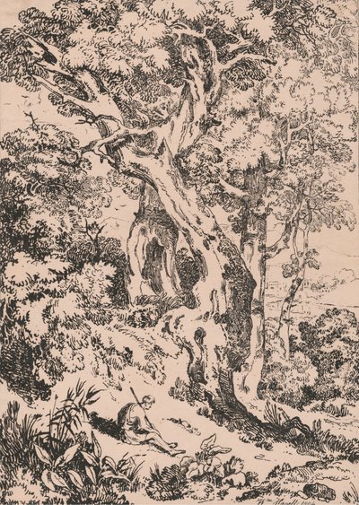 着席した男性像のある木々と低木の研究 作： William Havell