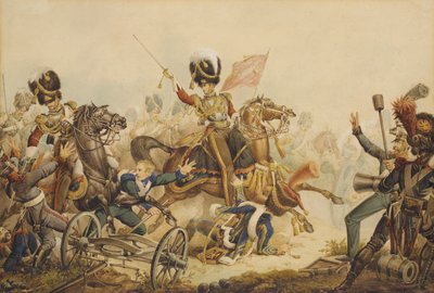 1815年、1820年のワーテルローの戦いで第1ライフガードがフランス大砲に突撃 作： William Heath