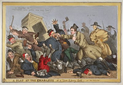 「チャーリーズでの平手打ちまたはトムとジェリーのひばり、ニューポリスビルを見よ」、1829年（手描きのエッチング） 作： William Heath