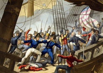 1813年にブローク船長が指揮したHM船「シャノン」の役員と乗組員によるアメリカ船「チェサピーク」への乗船と乗船、1813年からマシュー・デュブールが彫刻した（歴史、軍事） 作： William Heath