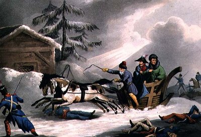 1814 年 3 月 1 日にウィリアム ヒース (aquatint) によって出版されたロシアからのヴィチェンツァ伯爵に変装したボナパルトの飛行 作： William Heath