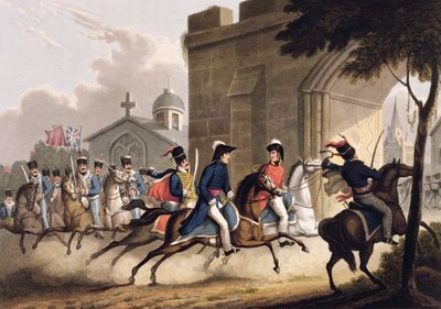 1813年5月20日、ジェームスジェンキンスによる「イギリスとその同盟国の1799年から1815年までの武道の功績」から、ハッサー連隊の頭にあるウェリントン卿のサラマンカへの入り口 作： William Heath