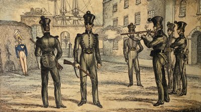 振動するフィギュアで射撃練習をする海兵隊員、1835年頃（手彩色のエッチング 作： William Heath