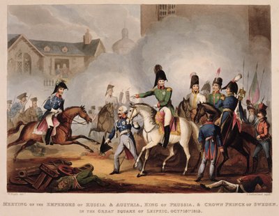 1813年10月18日、ライプチックの大広場でロシアとオーストリアの皇帝、プロイセンの王、スウェーデンの皇太子との会合 作： William Heath