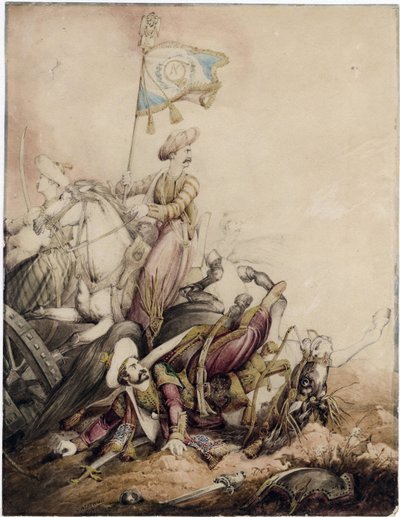 "Porte etendard mamelouk au combat" (戦闘中のマムルーク旗手) Aquarelle de William Heath (1795-1840) - 1818 Dim 33,5x25,9 cm Private Collection 作： William Heath
