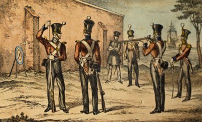 ラウンドターゲット練習での海兵隊員の衣装の提示、1835年頃（手描きのエッチング） 作： William Heath
