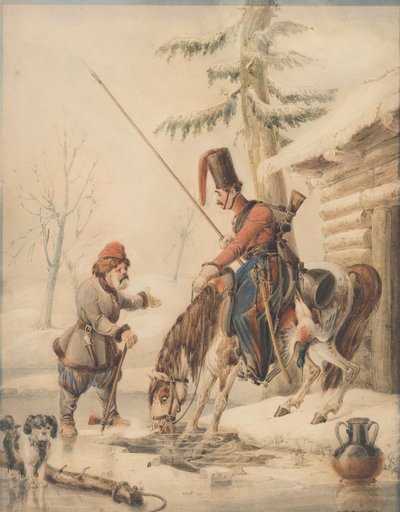 ドン川岸のボートハウスでのロシアのコサック 作： William Heath