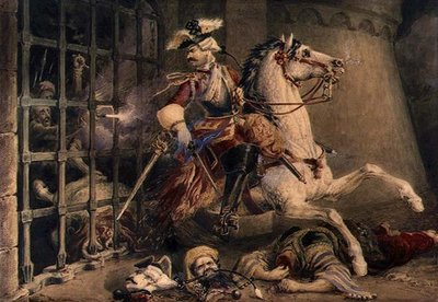トルコ人から逃げる騎兵将校、1830年頃（紙にガッシュで強調された鉛筆の水彩画） 作： William Heath