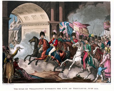 1814年にトゥールーズの街に入るウェリントン公爵（1769-1852）、シンタックス博士による物語詩のイラスト、1818年に公開（色付きのアクアチント） 作： William Heath