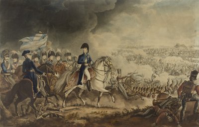 1815年6月18日、ウォータールーの戦いにおけるウェリントン公爵と最も著名な将校、WT FryとT.サザーランドによるアクアチント 作： William Heath