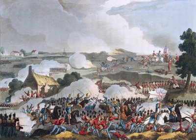 1815年6月18日のウォータールーの戦いで活動中のイギリス軍の中心、1815年のサザーランドによるアクアチント 作： William Heath