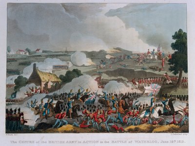 1815年のウォータールーの戦いで活動中のイギリス軍の中心（アクアチント） 作： William Heath