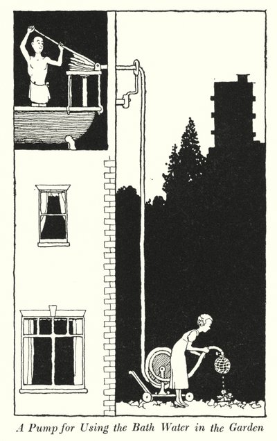 お風呂の水を庭で使うためのポンプ（リトグラフ 作： William Heath Robinson
