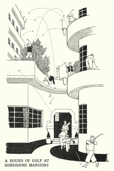 ドリスデーンマンションでのゴルフラウンド（リトグラフ 作： William Heath Robinson