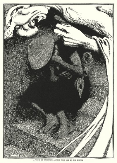 恐ろしい顔をした精霊が地球から現れた（彫刻 作： William Heath Robinson
