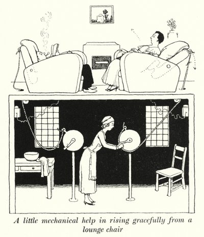 ラウンジチェアから優雅に立ち上がるためのちょっとした機械的な手助け（リトグラフ 作： William Heath Robinson