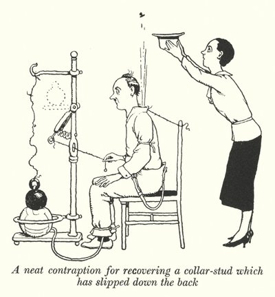背中から滑り落ちた襟元の鋲を回収するための粋な計らい（リトグラフ 作： William Heath Robinson