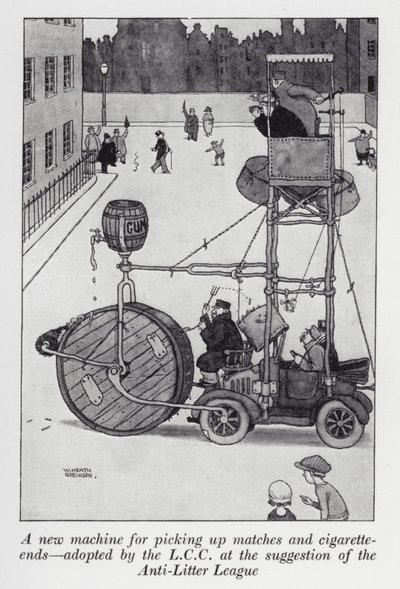 LCCがAnti-Litter Leagueの提案で採用したマッチやタバコの吸い殻を拾う新しい機械（リトグラフ 作： William Heath Robinson