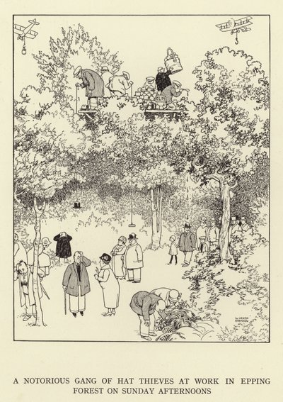 日曜日の午後にエッピングフォレストで働いている悪名高い帽子泥棒のギャング 作： William Heath Robinson