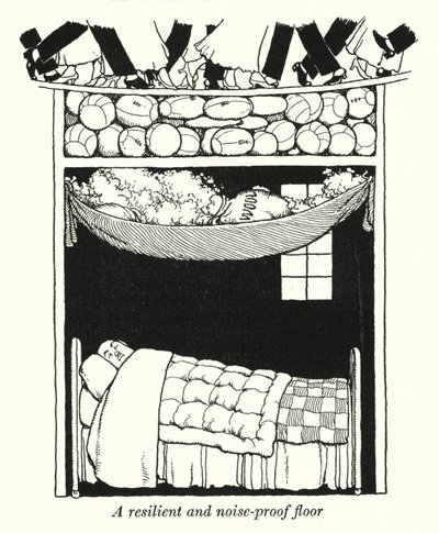 弾力性と防音性を兼ね備えた床（リトグラフ 作： William Heath Robinson