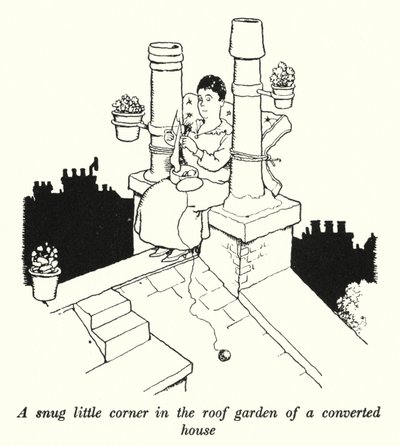 改装された家の屋上庭園にある小さなコーナー（リトグラフ 作： William Heath Robinson