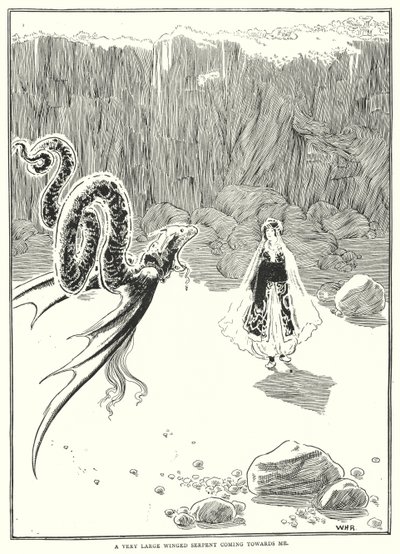 非常に大きな翼のある大蛇が私に向かってくる（彫刻 作： William Heath Robinson