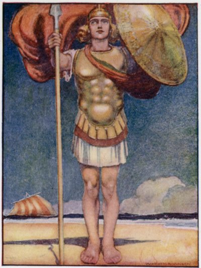 アキレス（ギリシャの英雄の中で最も足が速く、最も勇敢な人物）（カラーリトグラフ 作： William Heath Robinson