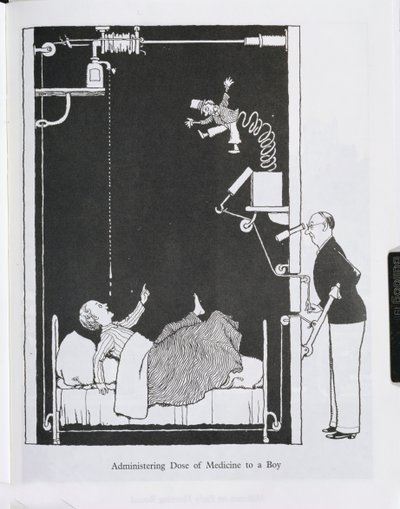 少年への薬の投与、「発明」のイラスト 作： William Heath Robinson