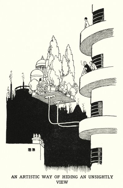 見苦しい景色を芸術的に隠す方法（リトグラフ 作： William Heath Robinson