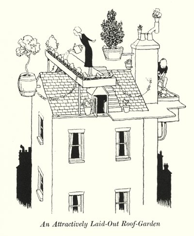 魅力的にレイアウトされたルーフガーデン（リトグラフ 作： William Heath Robinson