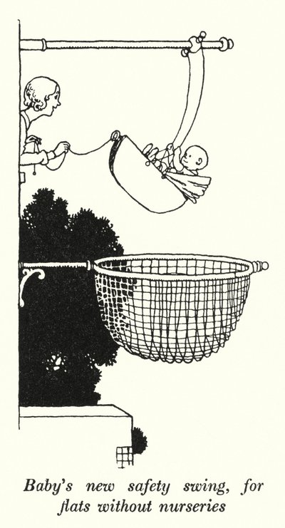 授乳室のないアパートのための、赤ちゃんの新しい安全ブランコ（リトグラフ 作： William Heath Robinson