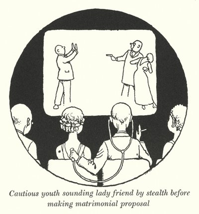 結婚を申し込む前に女友達にこっそり声をかける用心深い若者（リトグラフ 作： William Heath Robinson